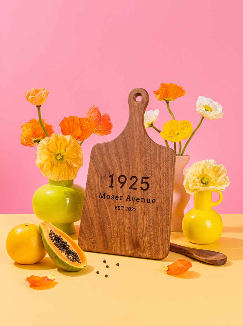 Street Address Cutting Board in a colorful floral setting