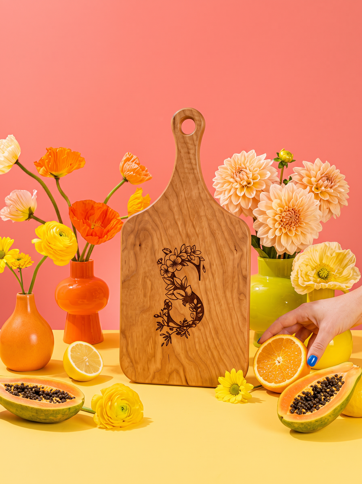 Floral Initial Cutting Board in a colorful floral setting