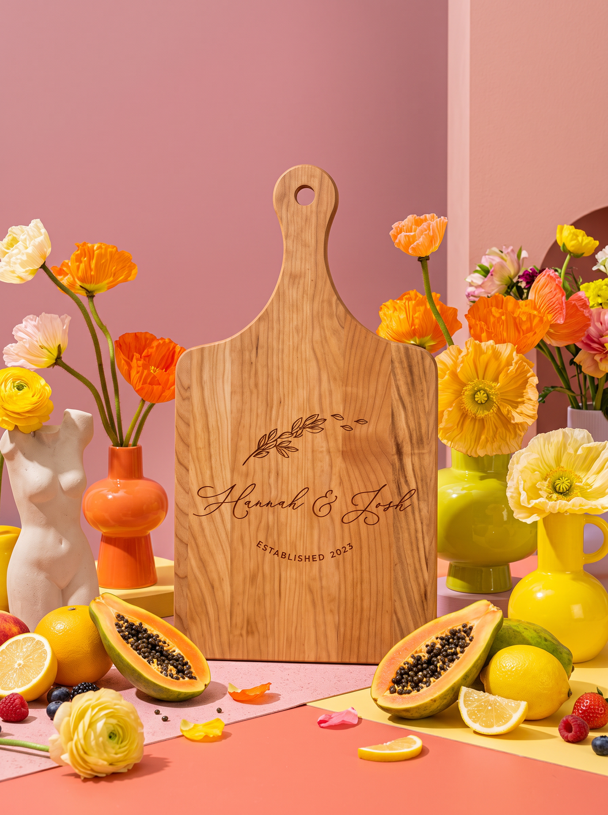 Couple Names Cutting Board in a colorful floral setting