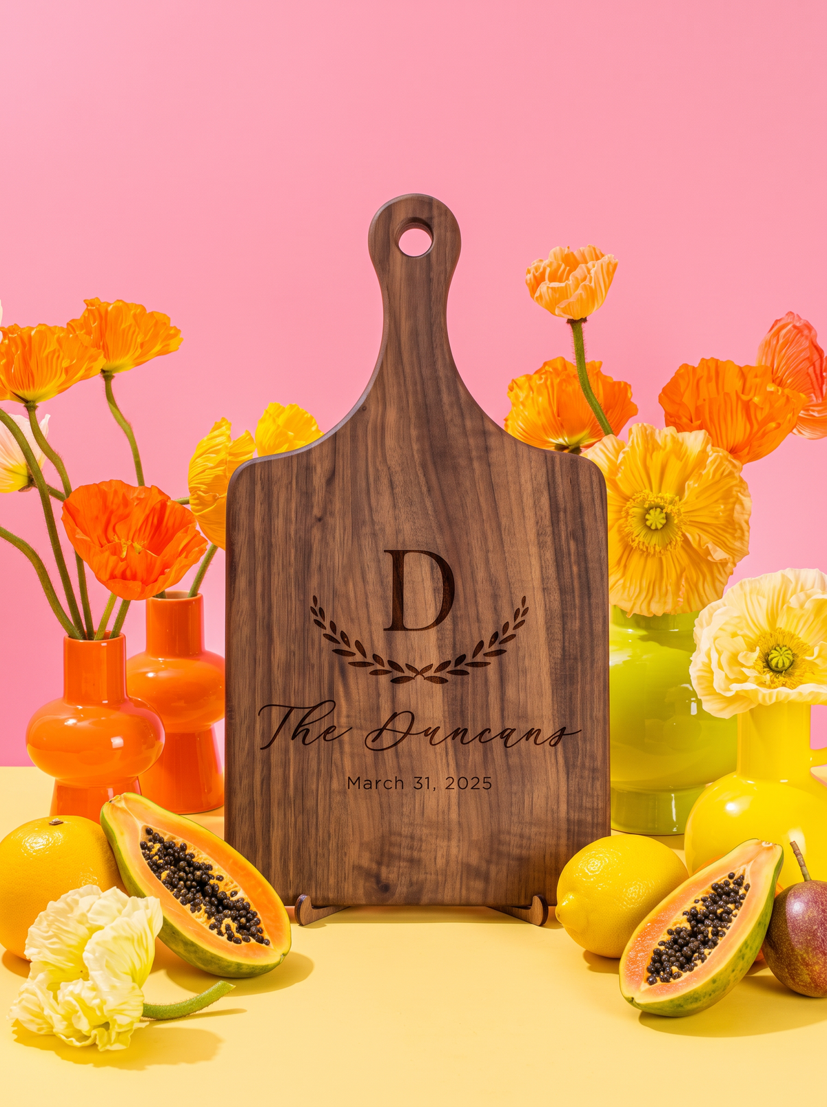 Large Initial Family Name Cutting Board in a colorful floral setting