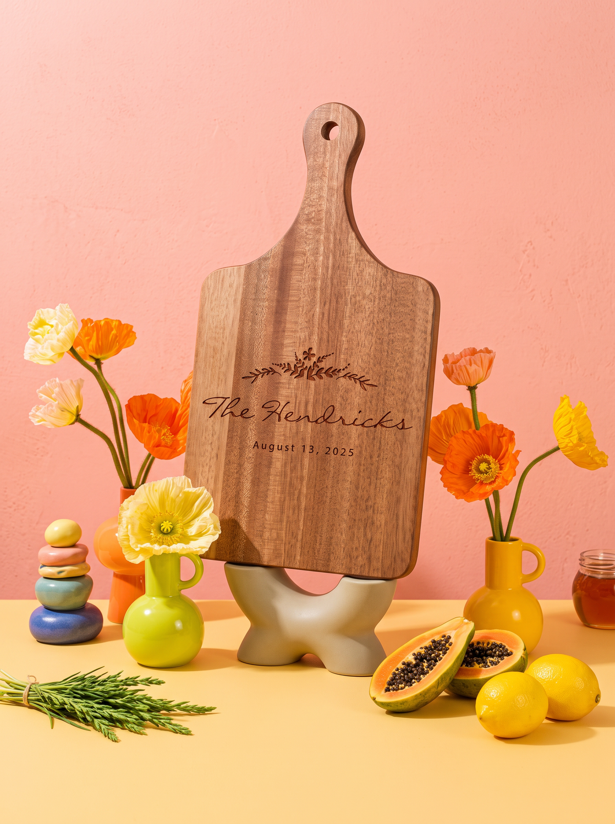 Floral Wreath Wedding Cutting Board in a colorful floral setting
