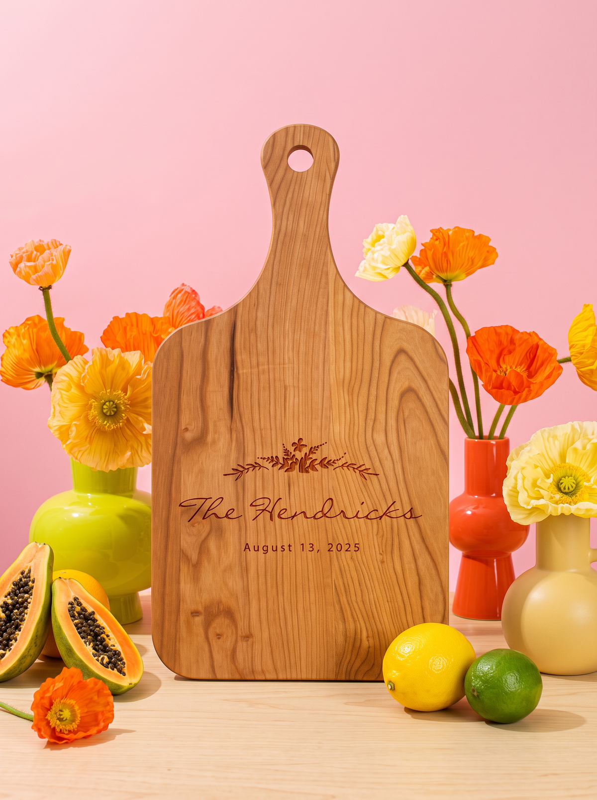 Floral Wreath Wedding Cutting Board in a colorful floral setting