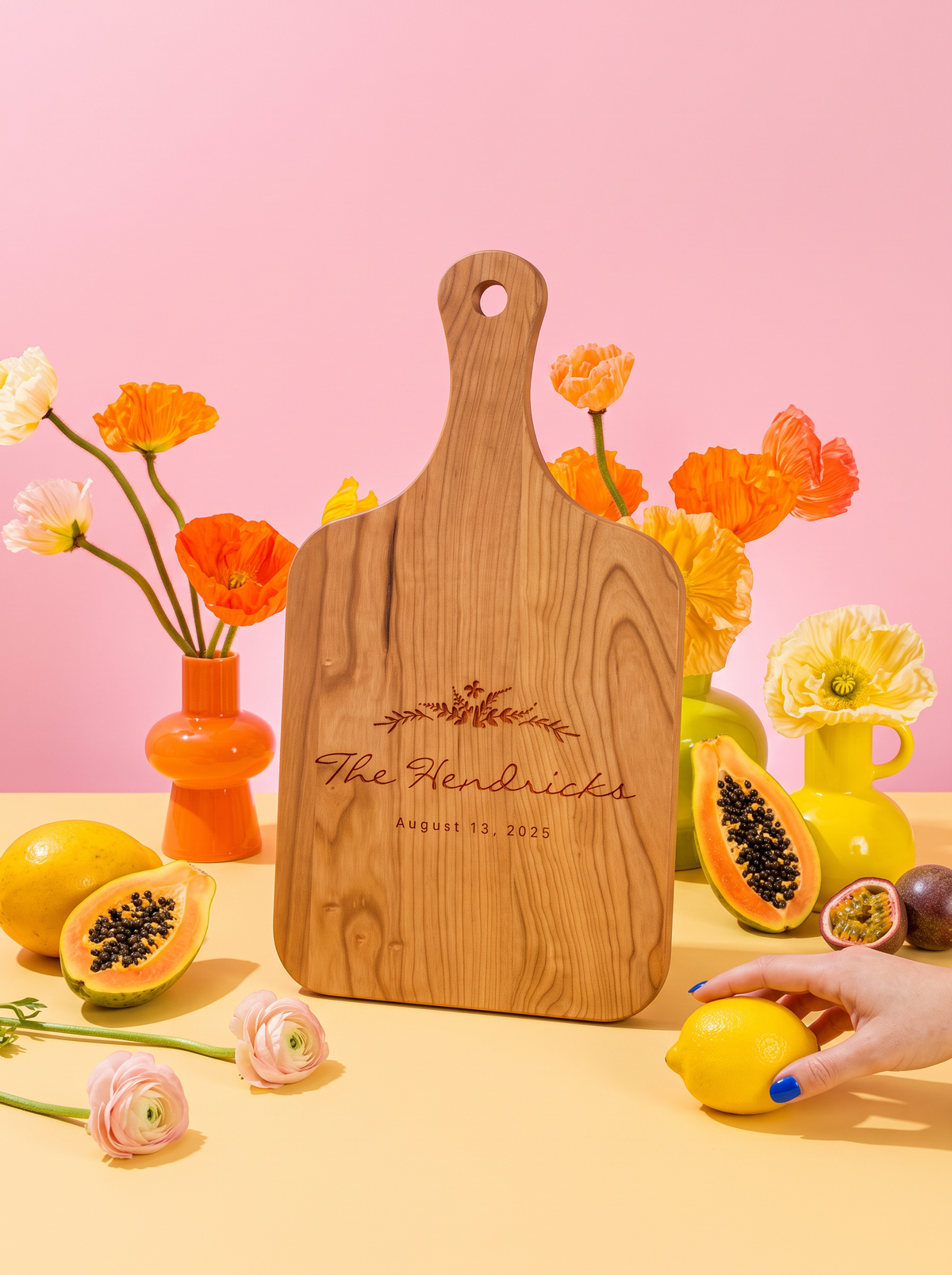 Floral Wreath Wedding Cutting Board in a colorful floral setting