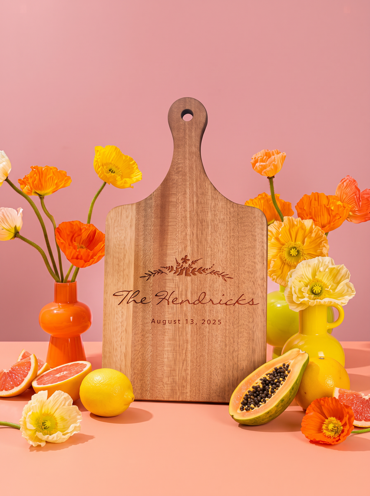 Floral Wreath Wedding Cutting Board in a colorful floral setting