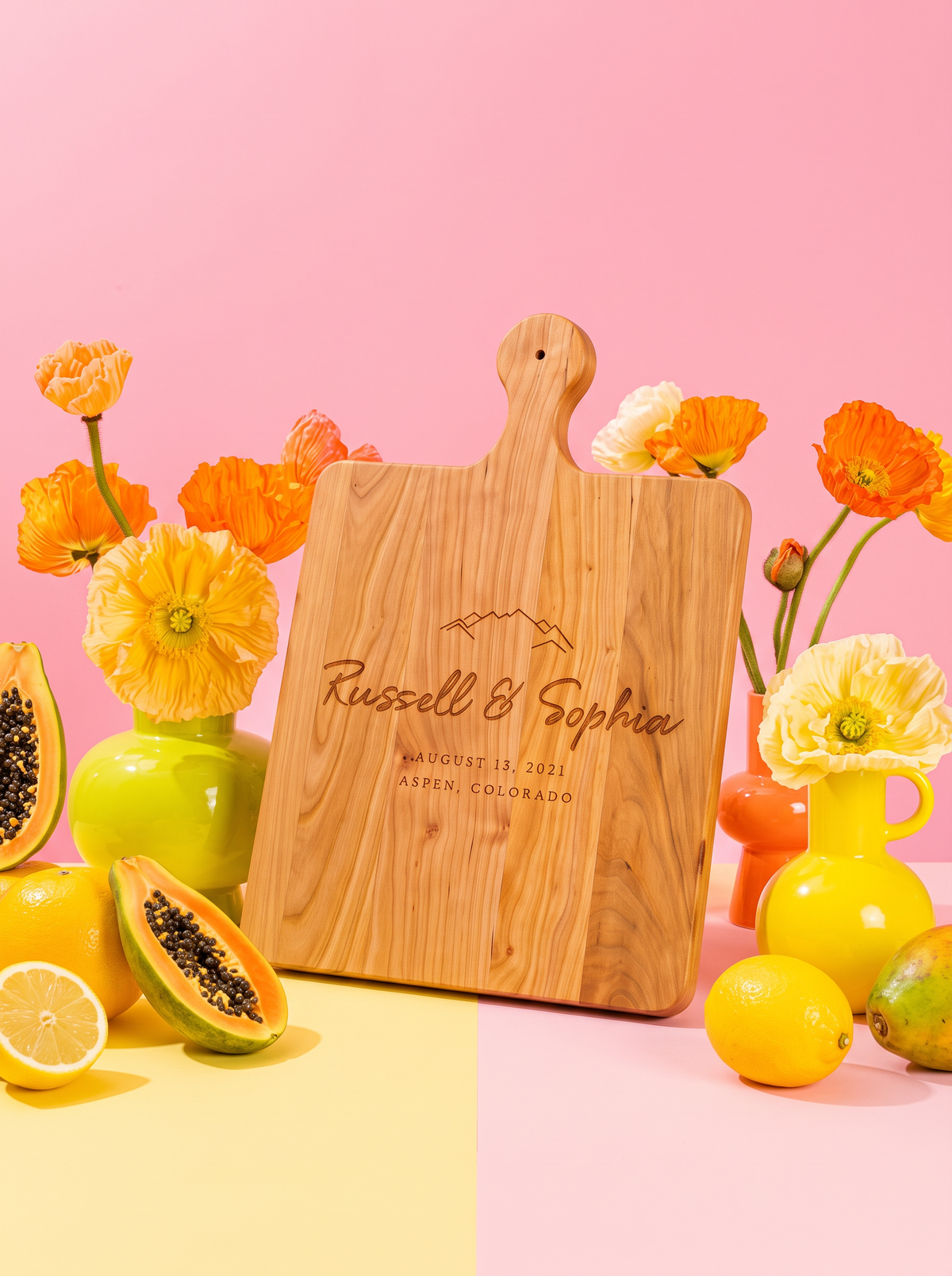 Mountain Wedding Cutting Board in a colorful floral setting