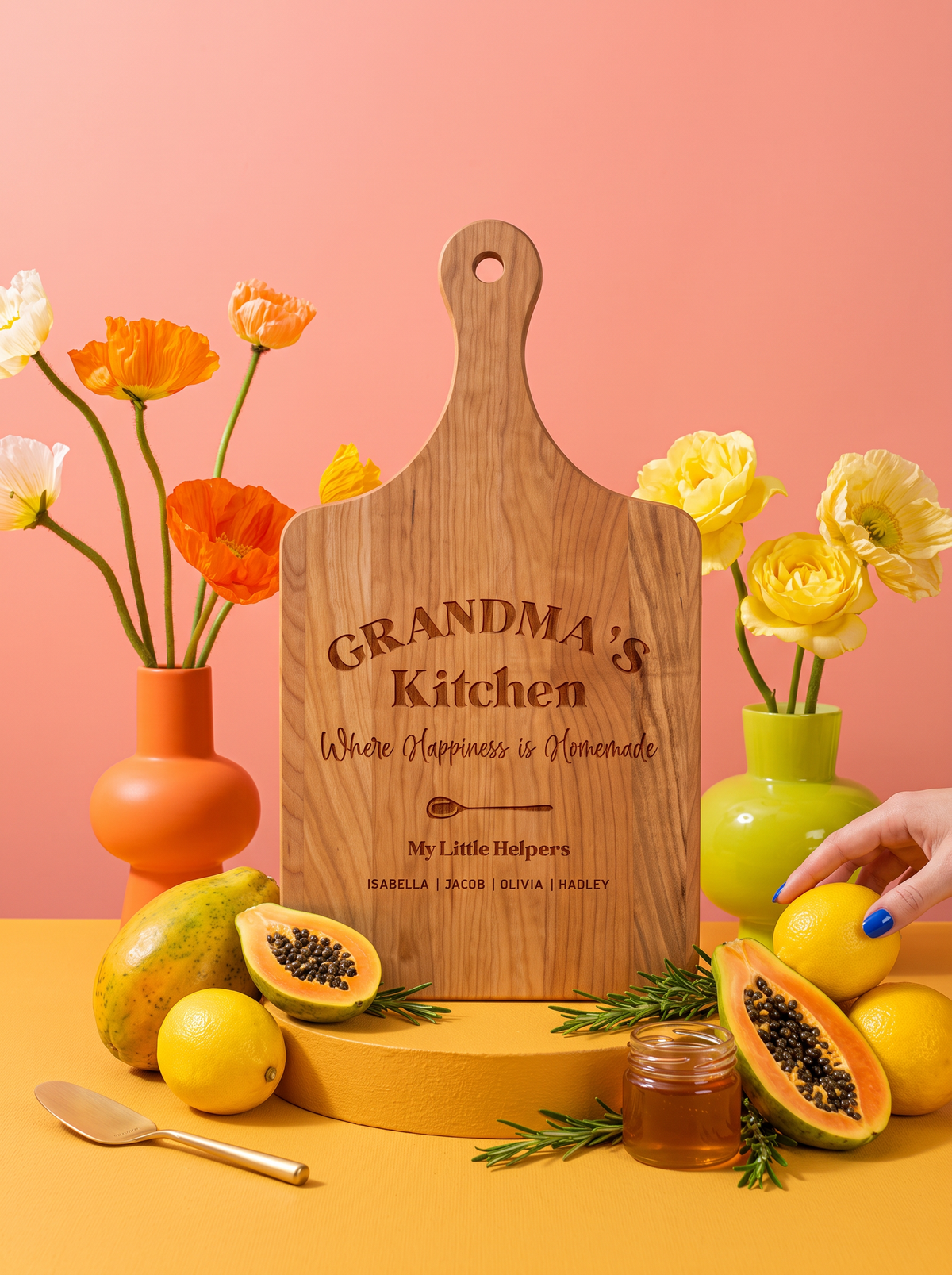 Grandma’s Kitchen Personalized Cutting Board in a colorful floral setting