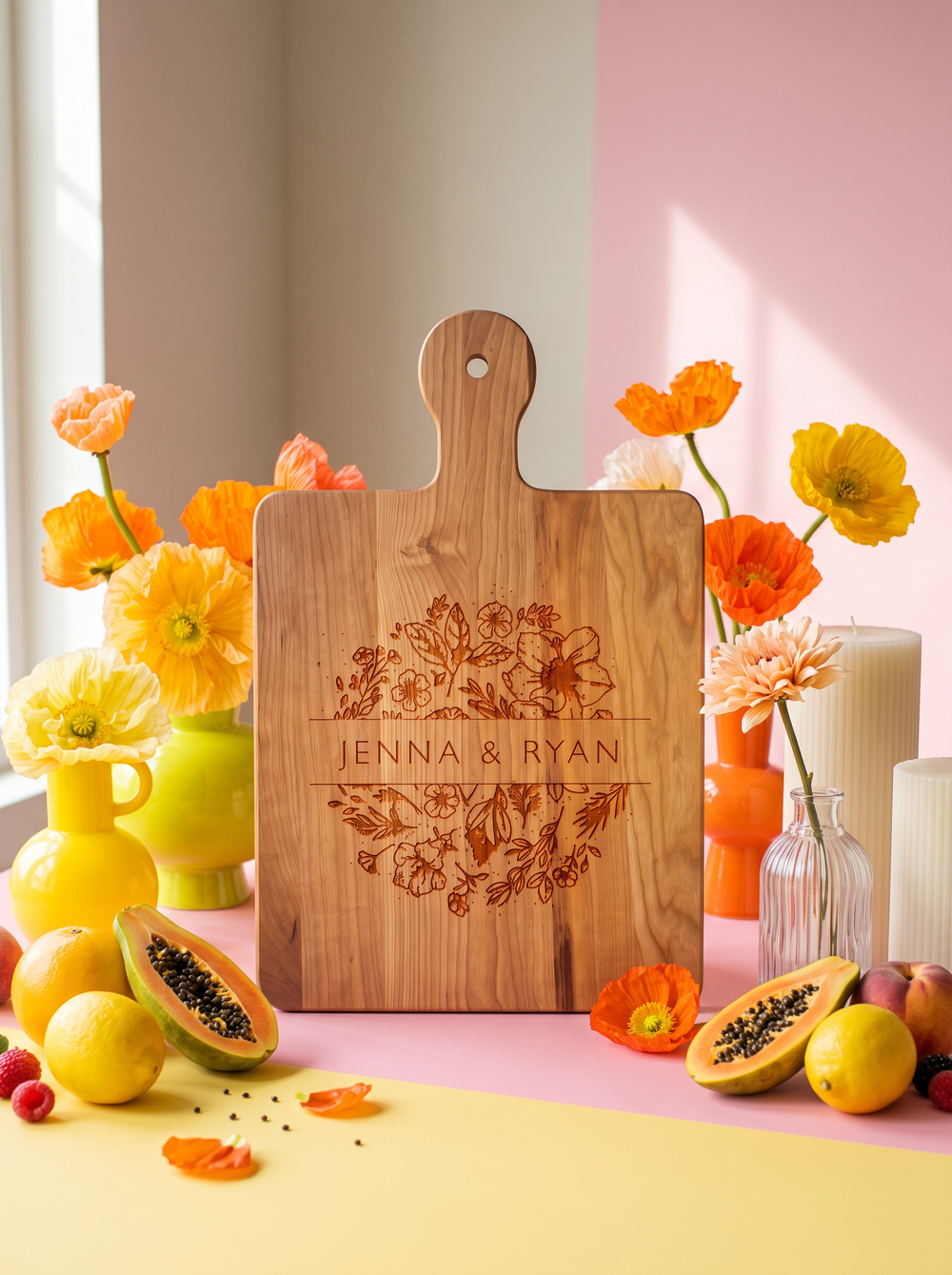 Floral Names Cutting Board in a colorful floral setting