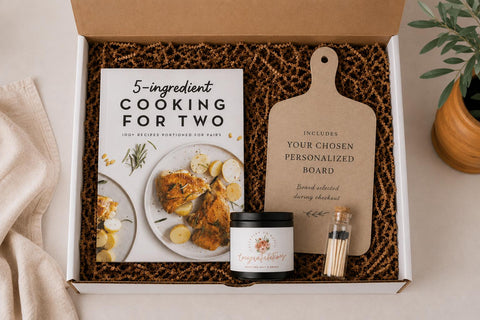 Couple gift box with Cooking for Two cookbook, candle and matches