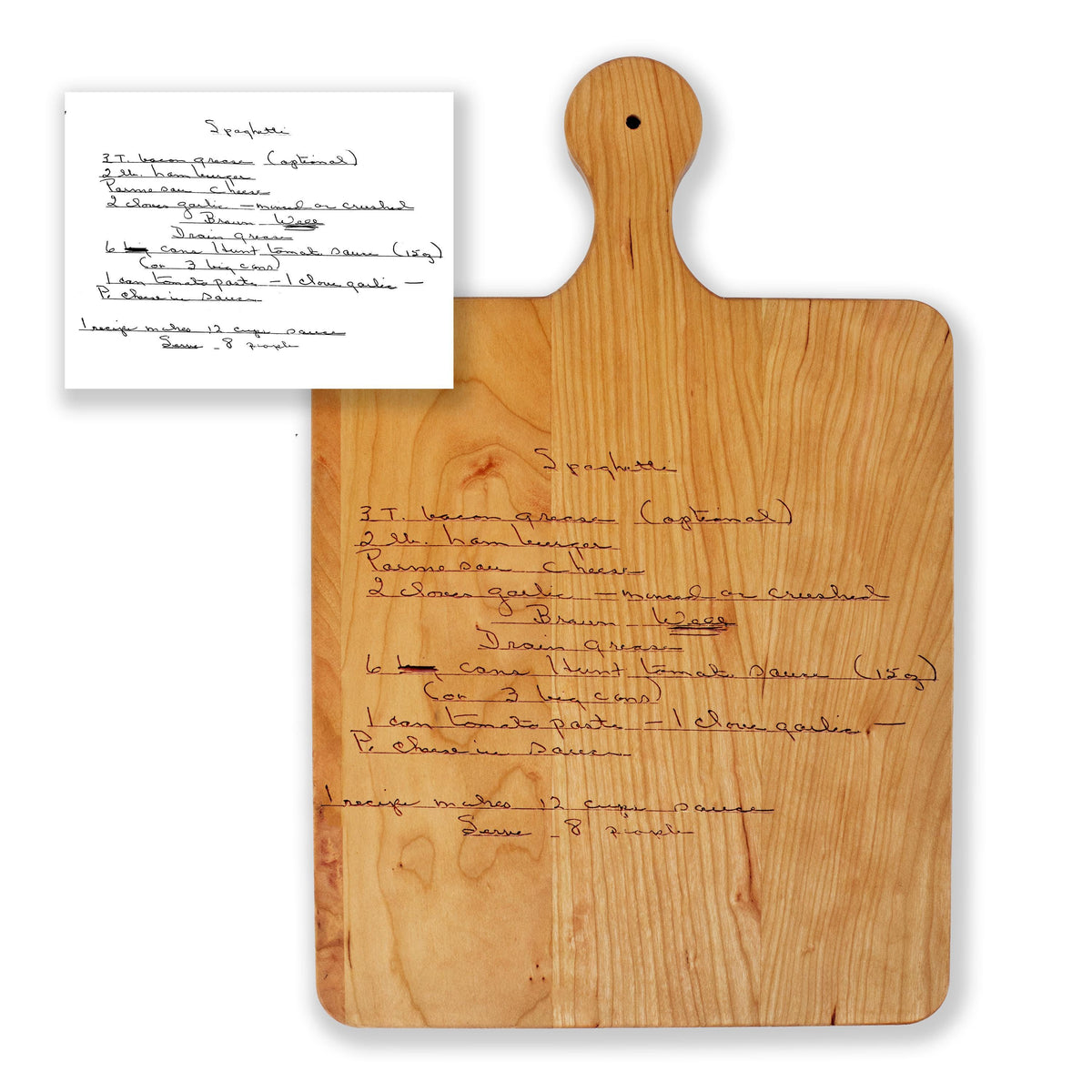 a wooden cutting board with writing on it