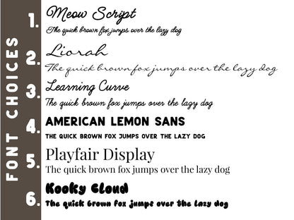 a collection of various font styles and names, including "Meow Script", "Liorah", "Learning Curve", "American Lemon Sans", "Playfair Display", and "Kooly Cloud". These fonts are described as quick brown fox jumps over the lazy dog, quick brown fox jumps over the lazy dog, quick brown fox jumps over the lazy dog, quick brown fox jumps over the lazy dog, and the quick brown fox jumps over the lazy dog.