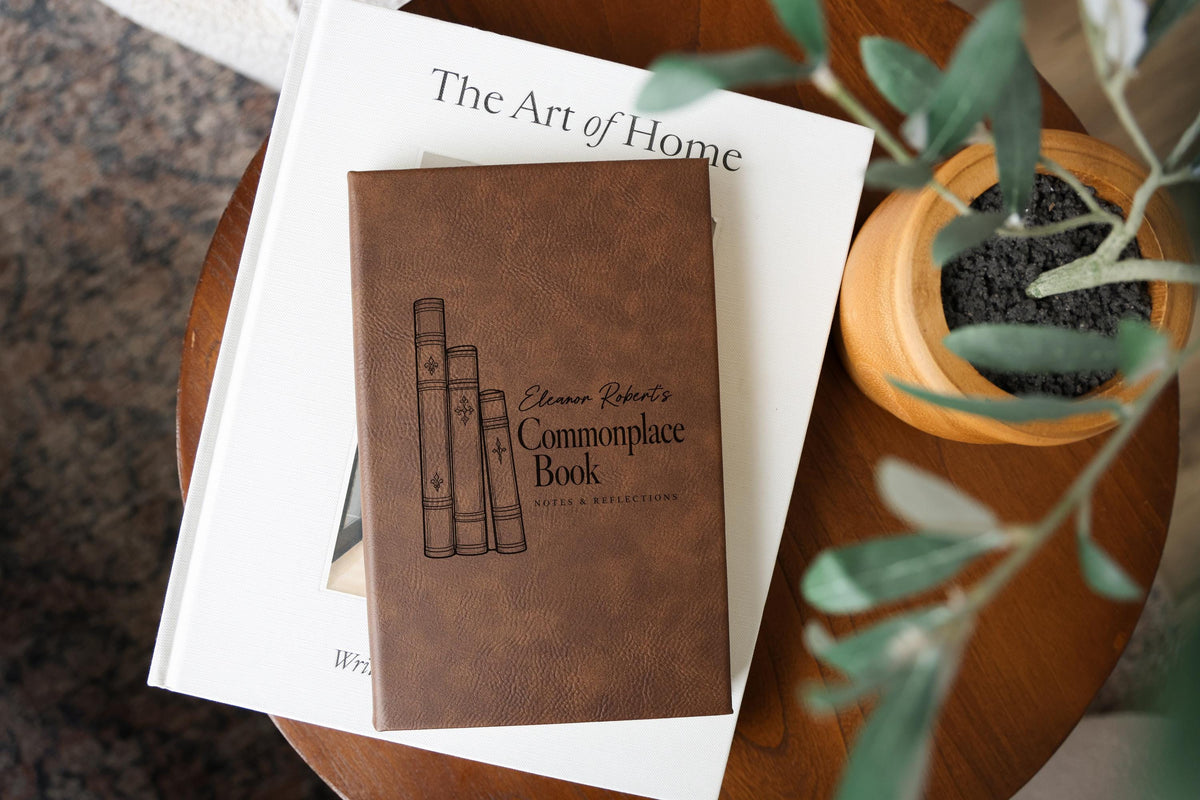 Commonplace Book personalized design on a brown journal cover; edited mockup.