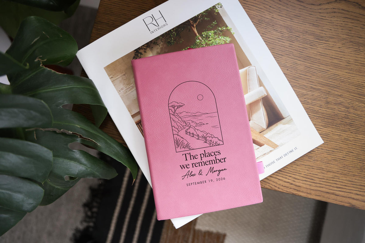 Places journal mockup with a pink cover on an interiors catalog; seaside path illustration, The places we remember, Alex & Morgan and September 19, 2026.