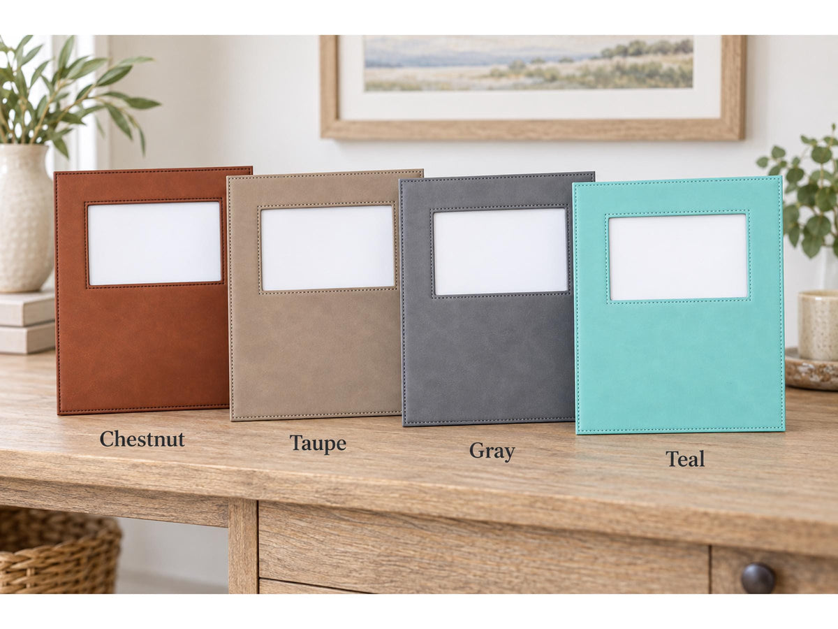 Shared frame color guide labeled Chestnut, Taupe, Gray, and Teal; blank sample frames show the available colors.