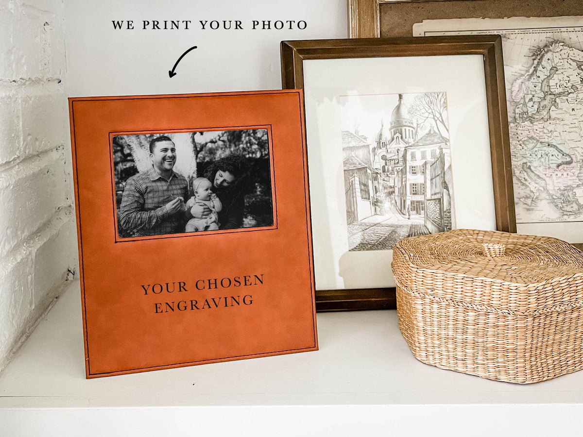 Shared Photo Printing example showing an illustrative family photo in a frame with placeholder engraving.