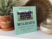 Edited Varsity Season frame mockup with an illustrative soccer team photo and sample Westfield High School, Wildcats, Varsity Soccer, A Season to Remember and Class of 2027 engraving.