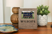 Edited Varsity Season frame mockup with an illustrative soccer team photo and sample Westfield High School, Wildcats, Varsity Soccer, A Season to Remember and Class of 2027 engraving.