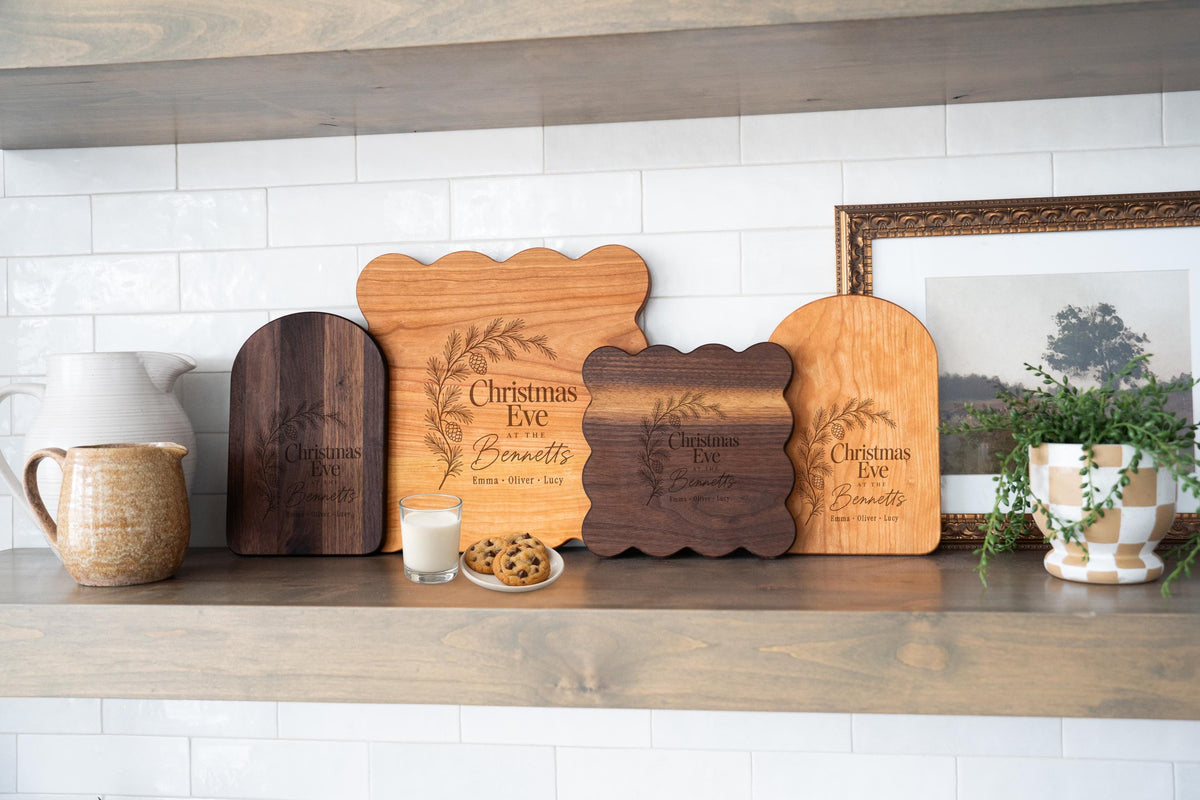 Personalized Christmas Eve cutting board; edited mockup.