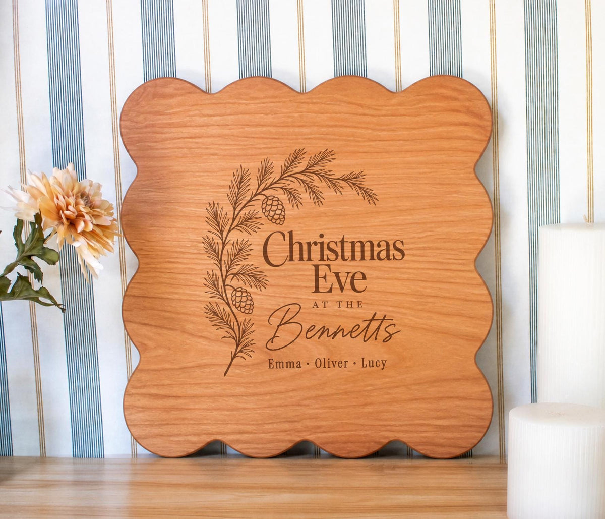 Personalized Christmas Eve cutting board; edited mockup.