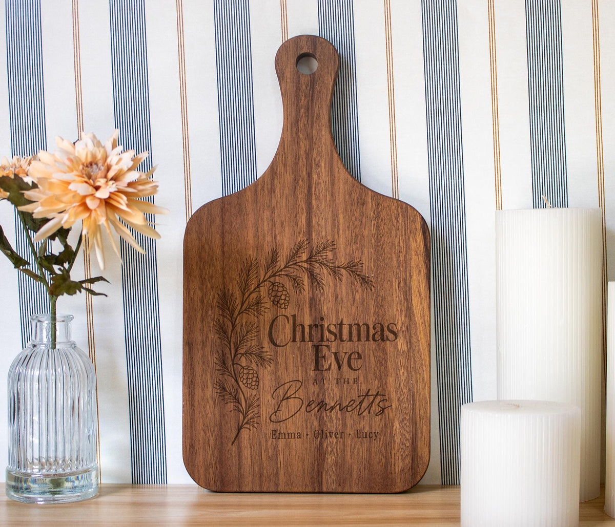 Personalized Christmas Eve cutting board; edited mockup.