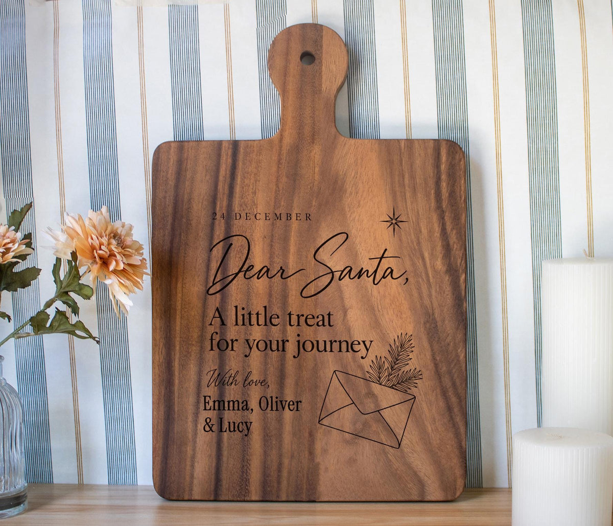 Personalized Dear Santa cutting board; edited mockup.