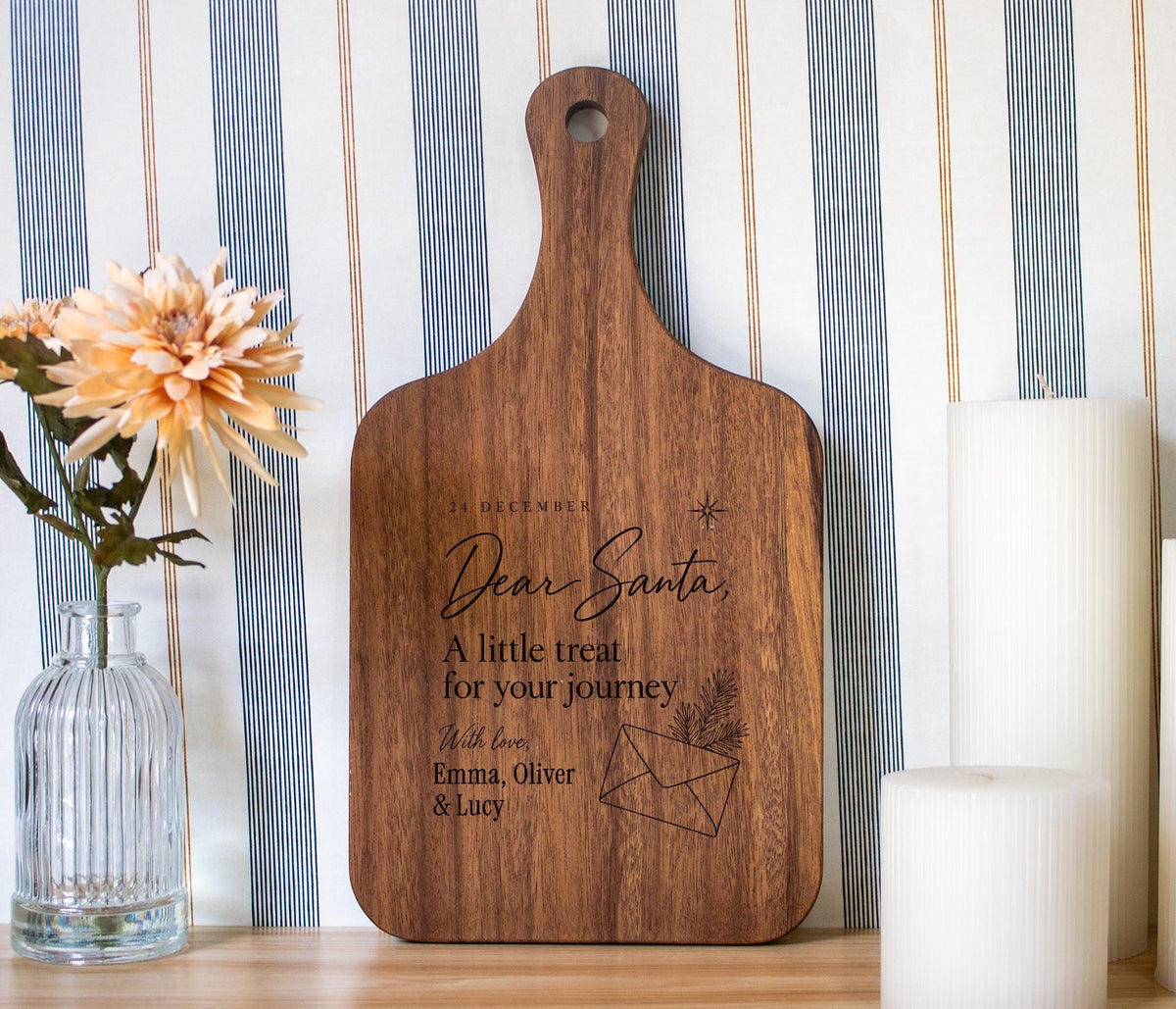 Personalized Dear Santa cutting board; edited mockup.