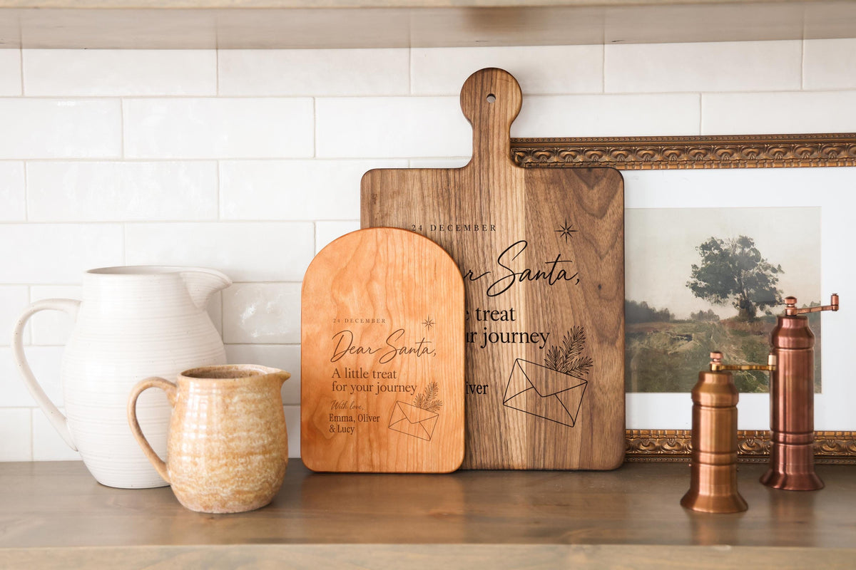 Personalized Dear Santa cutting board; edited mockup.