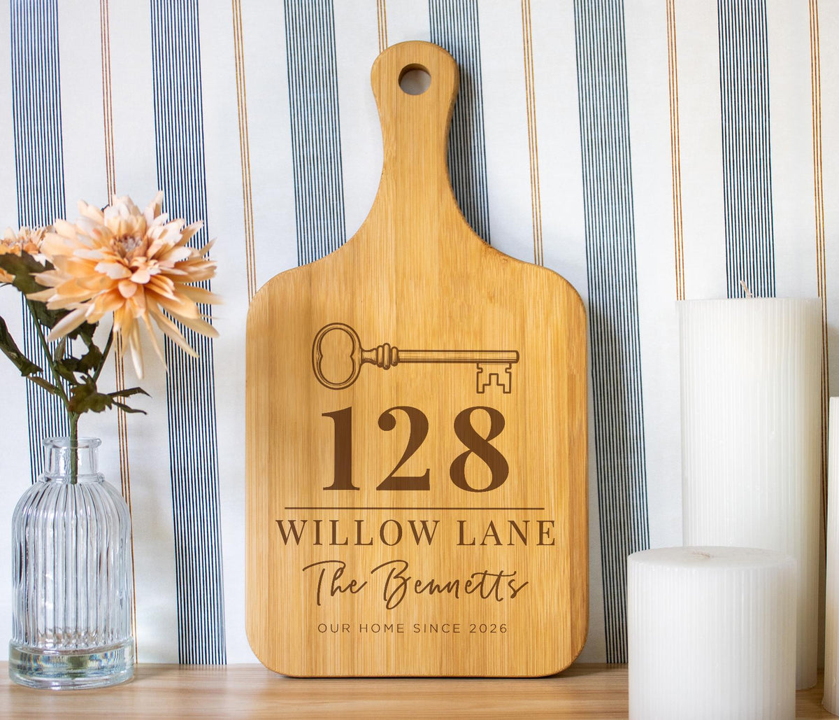 Personalized Heirloom House Key cutting board; edited mockup.