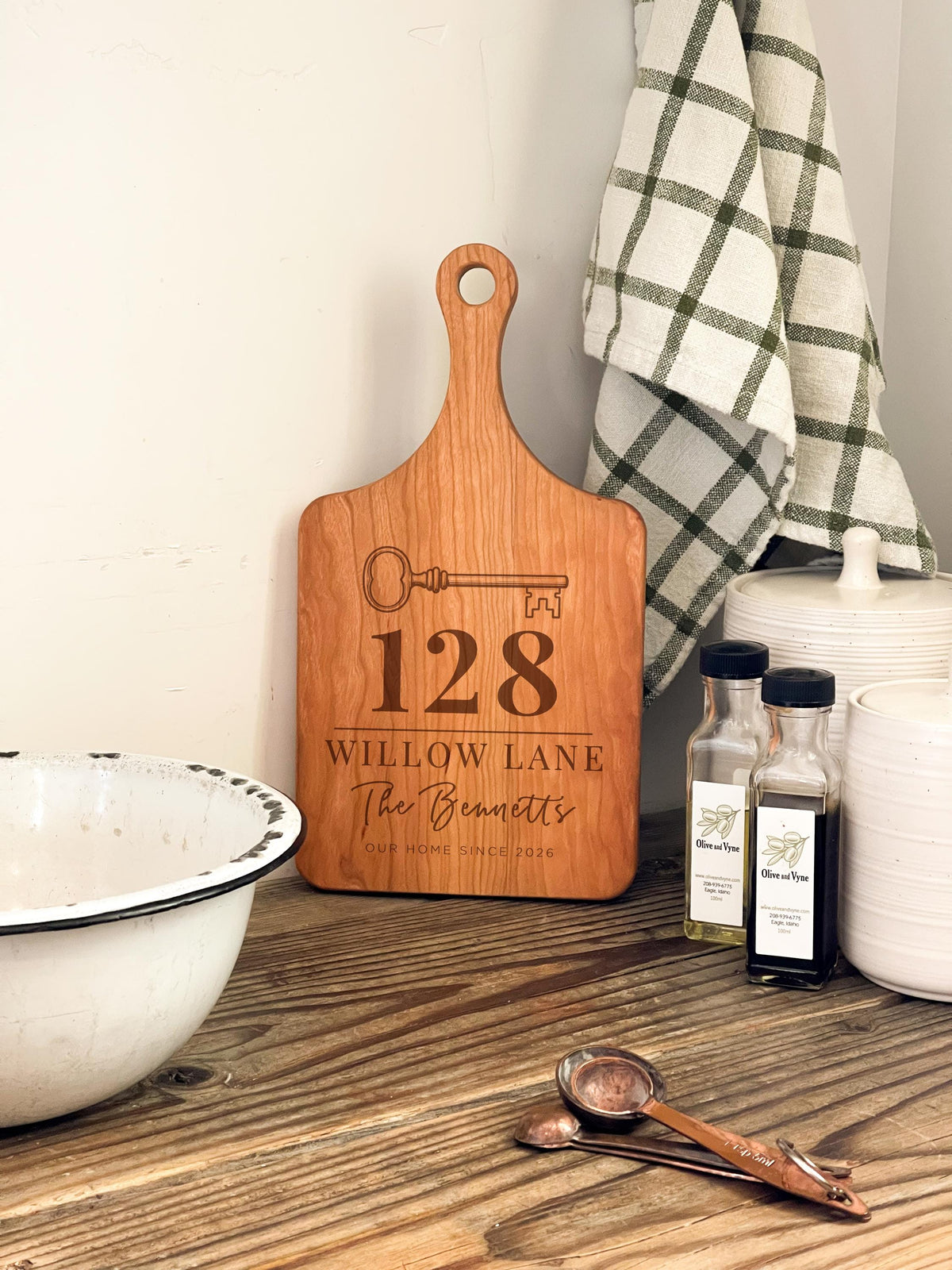 Personalized Heirloom House Key cutting board; edited mockup.