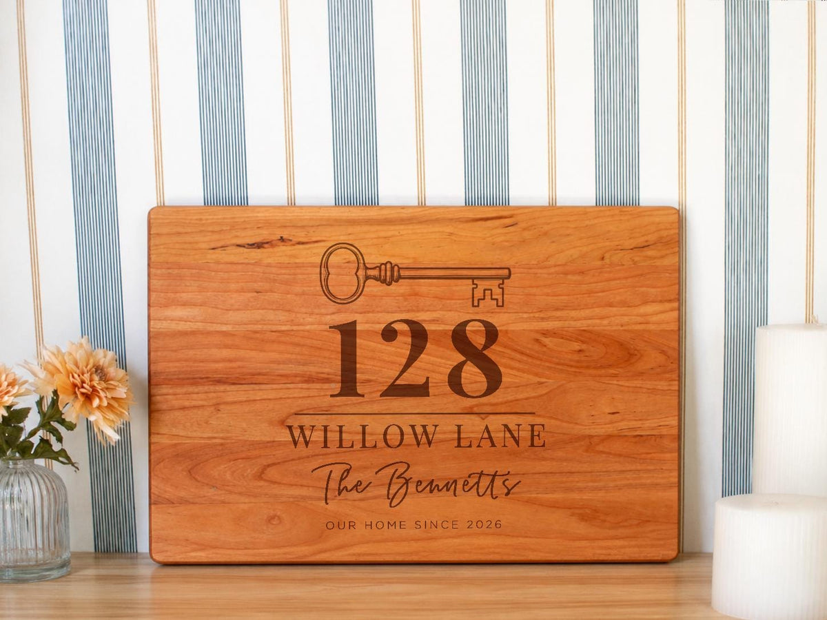 Personalized Heirloom House Key cutting board; edited mockup.