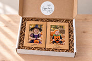 Double wooden frame with color Halloween costume portraits and personalized engraving in the optional gift box.