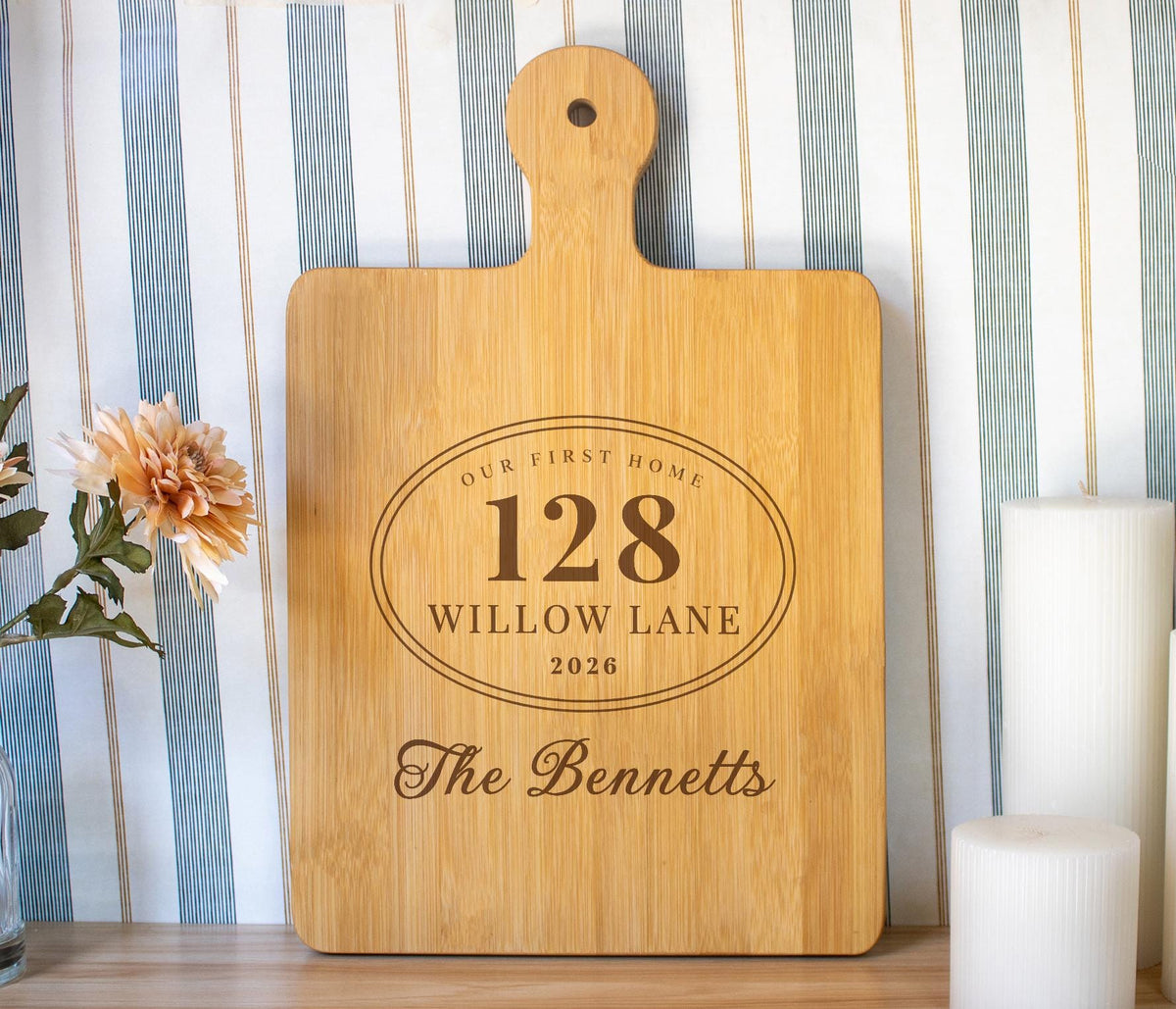 Personalized First Home Plaque cutting board; edited mockup.