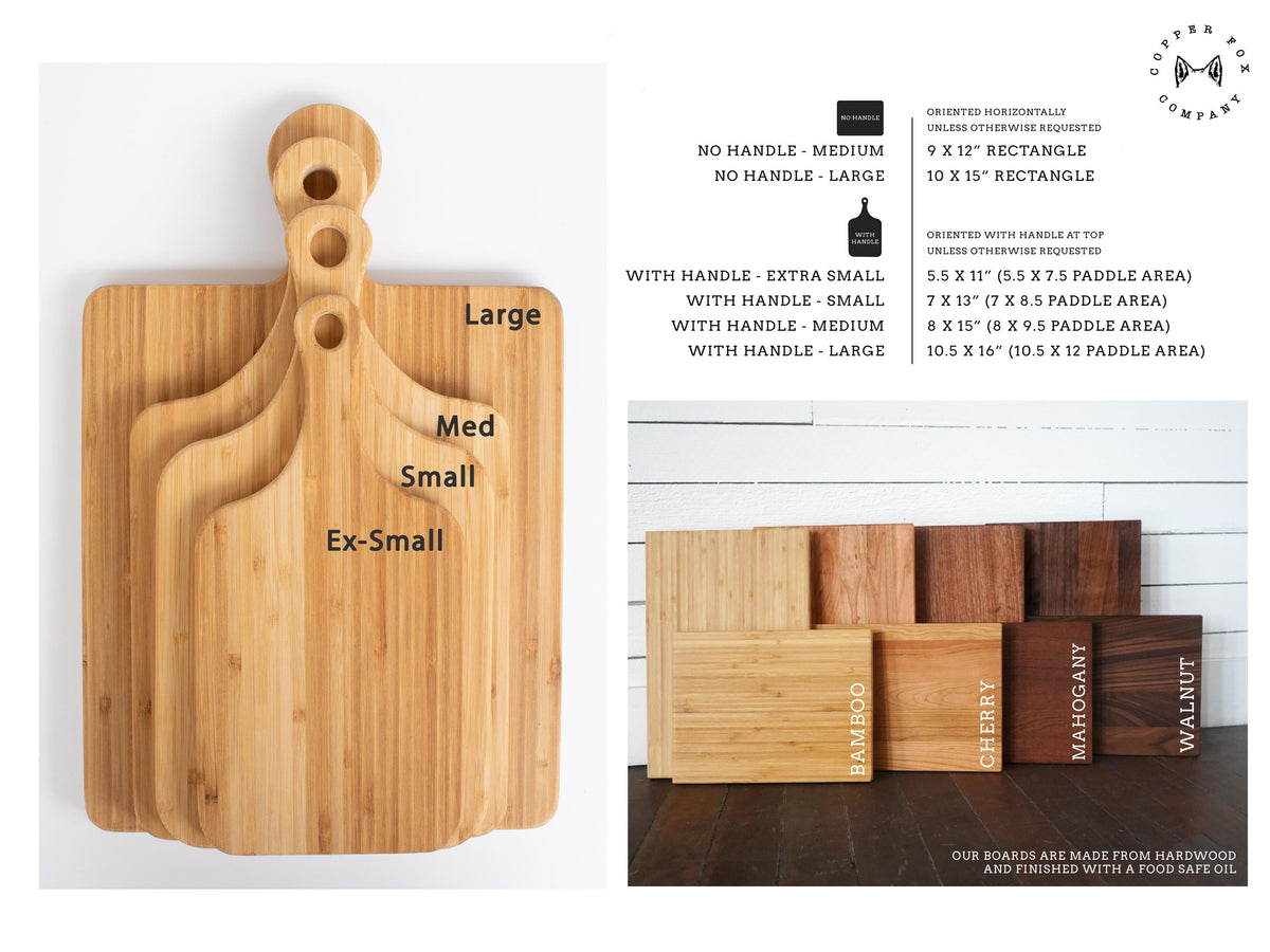 The image is a collage of various wooden cutting boards, each with different sizes and shapes, showcasing the different types of boards available.