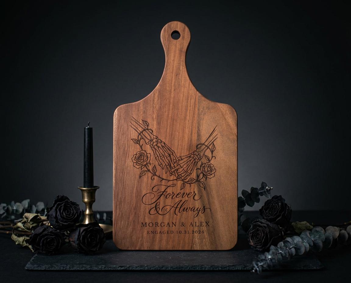 Forever Hand in Hand cutting board design with skeleton hands, roses, and sample names Morgan & Alex