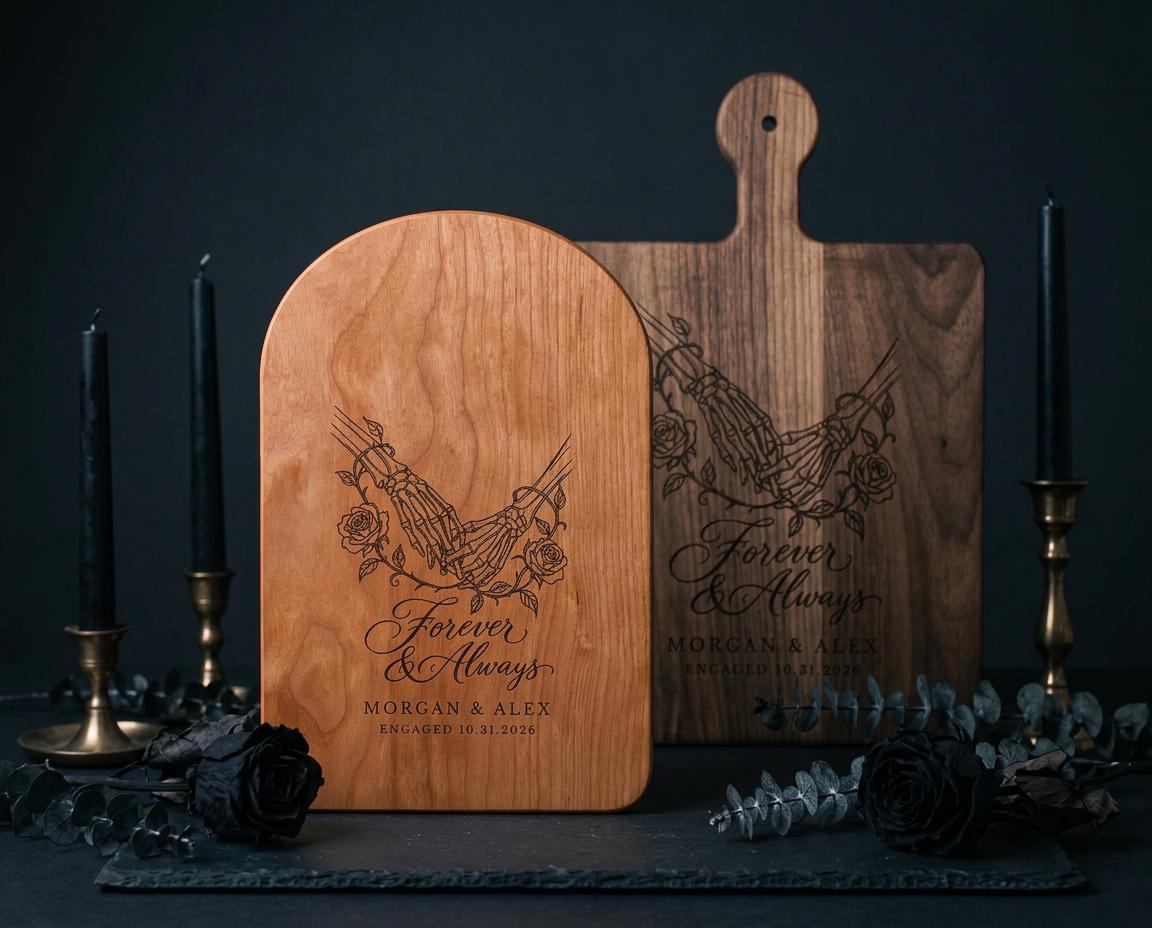 Forever Hand in Hand cutting board design with skeleton hands, roses, and sample names Morgan & Alex