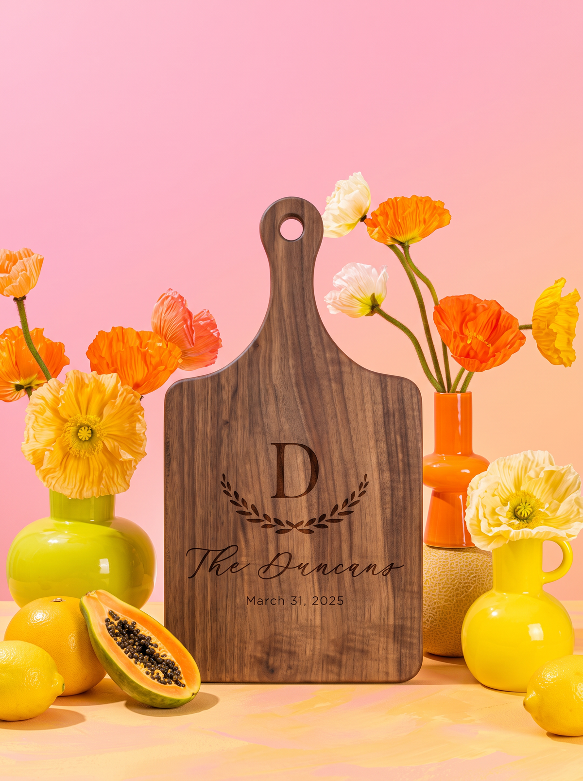 Large Initial Family Name Cutting Board in a colorful floral setting