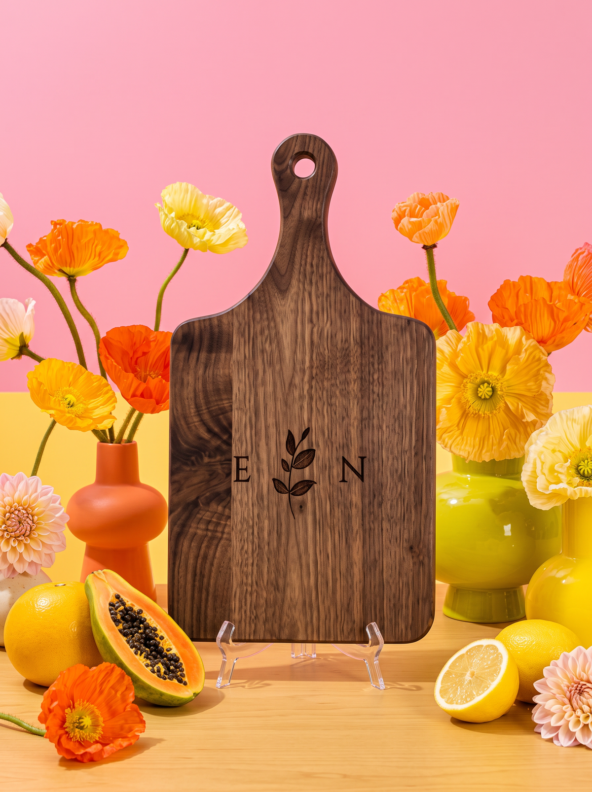 Ivy Initials Cutting Board in a colorful floral setting