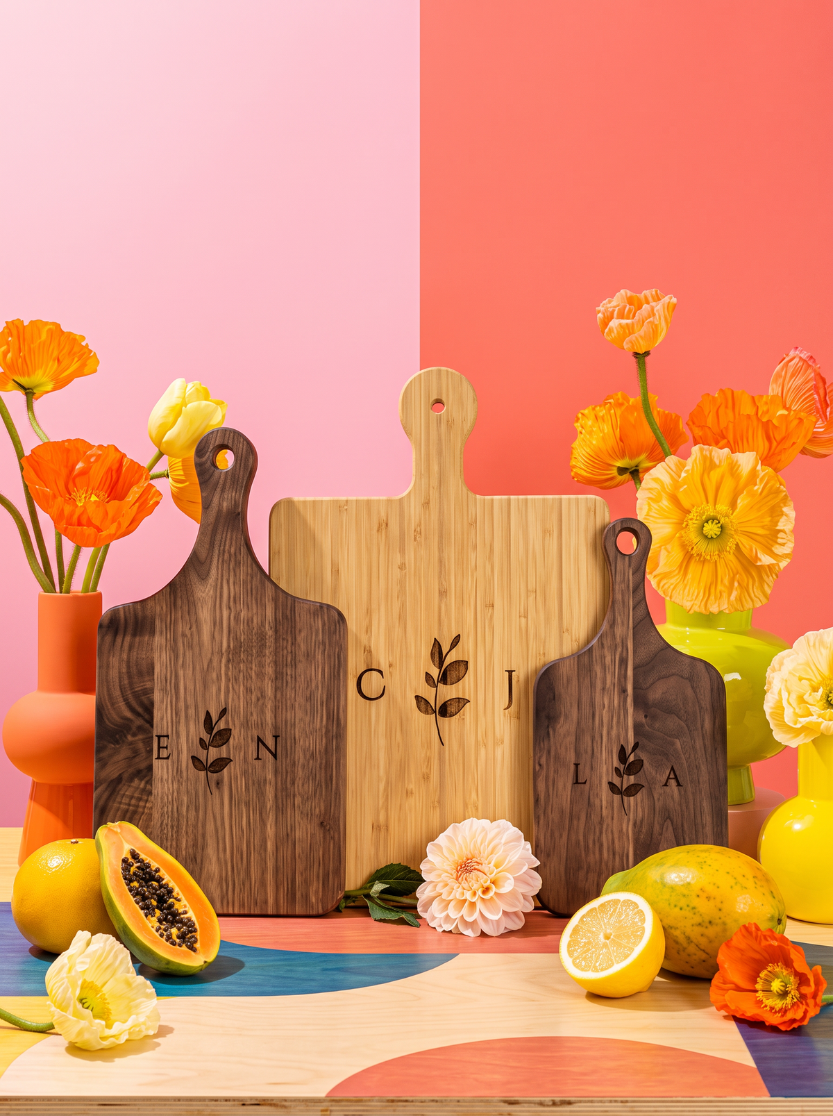 Ivy Initials Cutting Board in a colorful floral setting