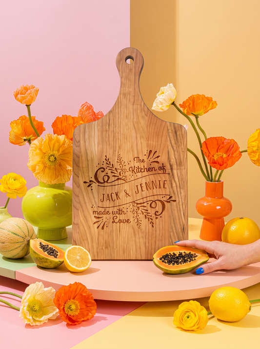Made with Love Kitchen Cutting Board in a colorful floral setting