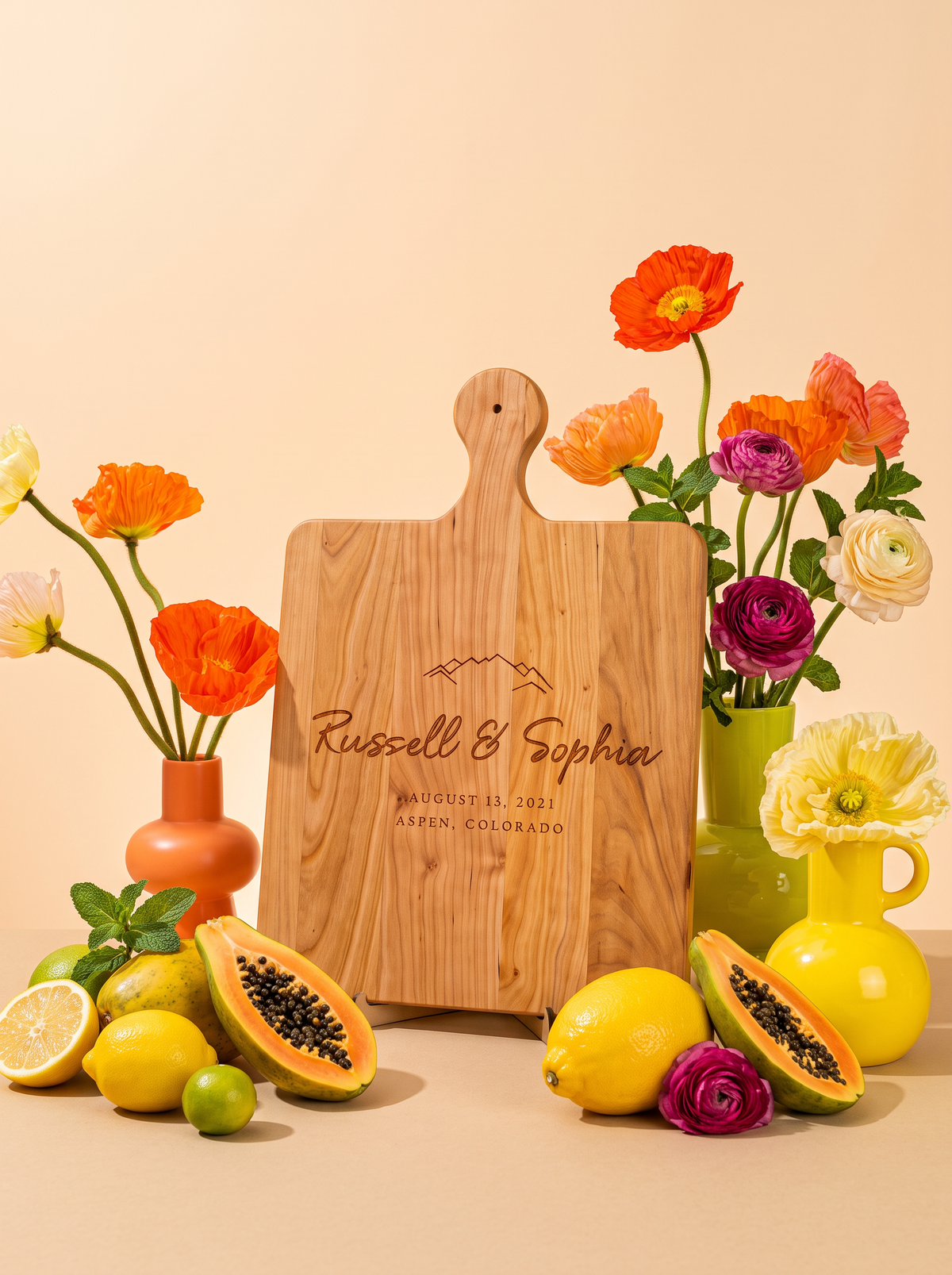 Mountain Wedding Cutting Board in a colorful floral setting