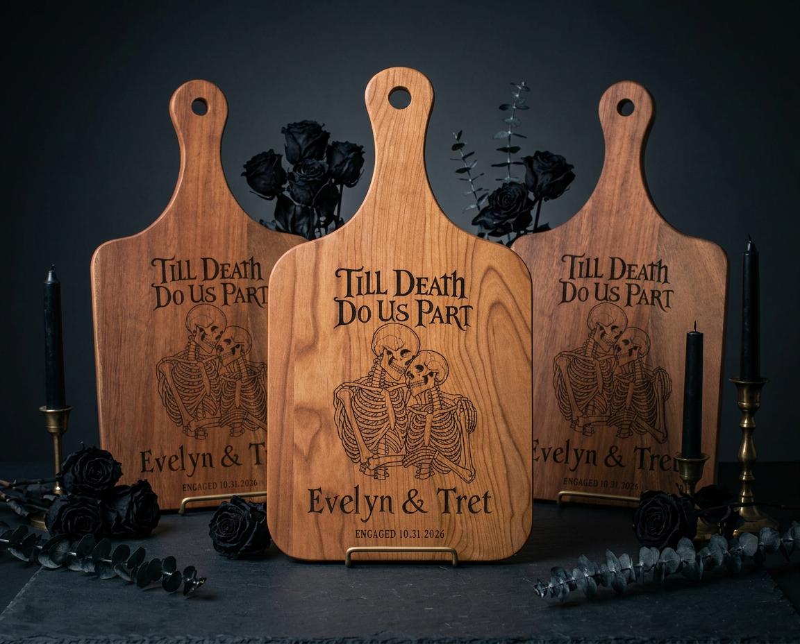 Till Death Do Us Part personalized cutting board with embracing skeletons — photo 5