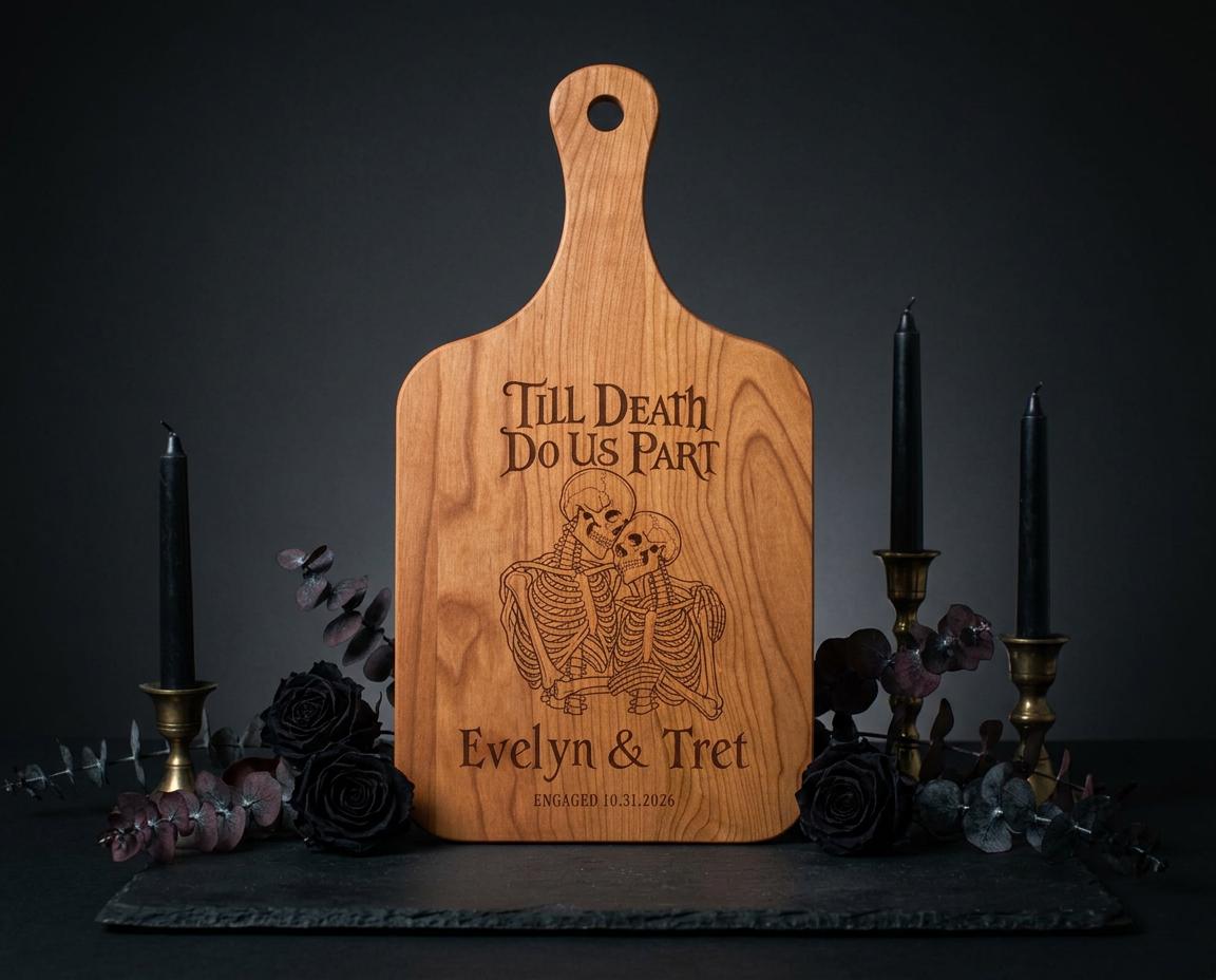 Till Death Do Us Part personalized cutting board with embracing skeletons — photo 6