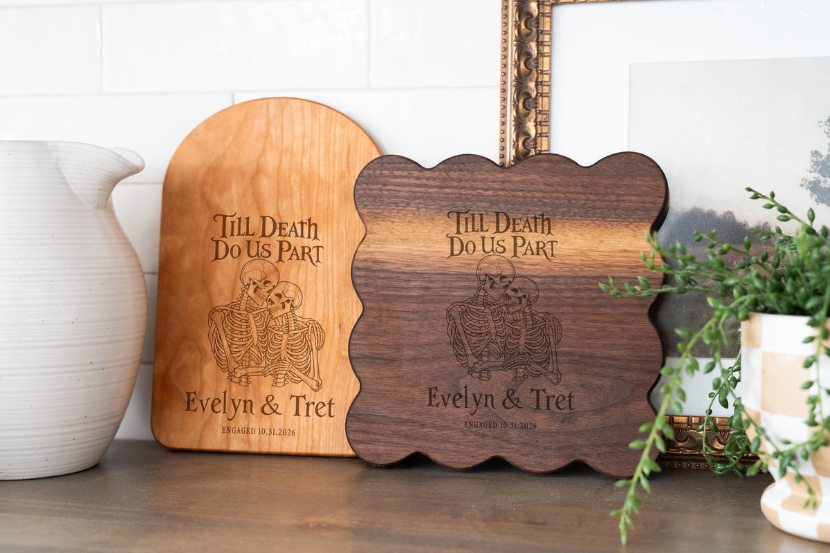 Till Death Do Us Part personalized cutting board with embracing skeletons — photo 7