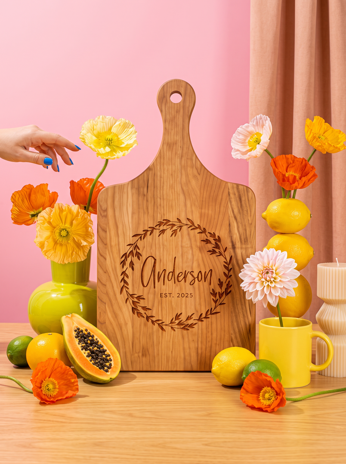 Leaf Wreath Family Name Cutting Board in a colorful floral setting