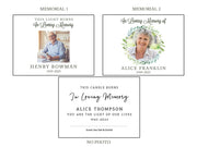 a set of three funeral cards with a picture of a woman and a man