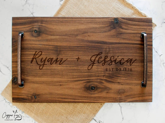 Wooden Serving Tray Personalized Serving Tray - Solid Walnut Wood - Wood Serving Tray - Personalized Serving Platter Custom wedding gift 013